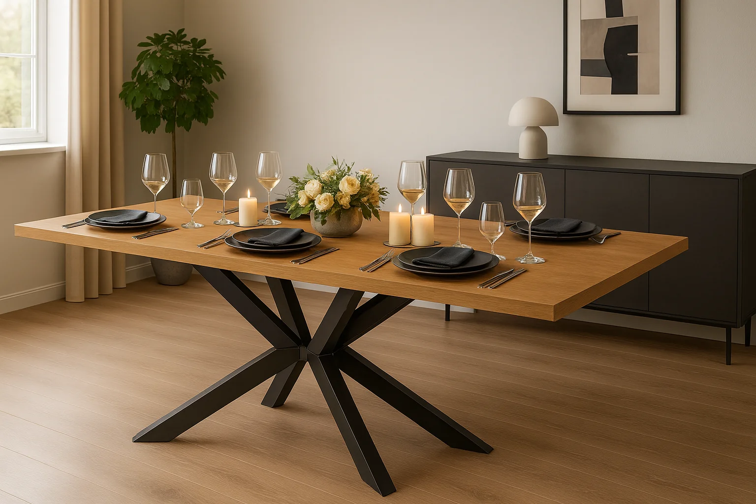 Stolov� podno�e v jed�lni s elegantn�m dreven�m stolom a dekor�ciou