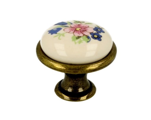 Úchytka knobka ATM FLORENCE / patina mosadz porcelán kvet / priemer 28,1 mm