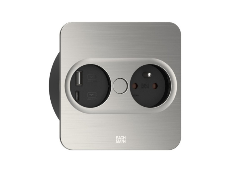 Otočná elektrická vstavaná zásuvka BACHMANN TWIST 2 hranatá / nerez / 1 zásuvka 230 V / 2 x USB / 115 x 115 mm / 946.007