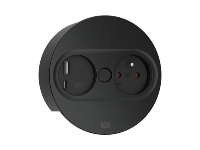 Otočná elektrická vstavaná zásuvka BACHMANN TWIST 2 / čierna matná / 1 zásuvka 230 V / 2 x USB / priemer 115 mm / 946.106