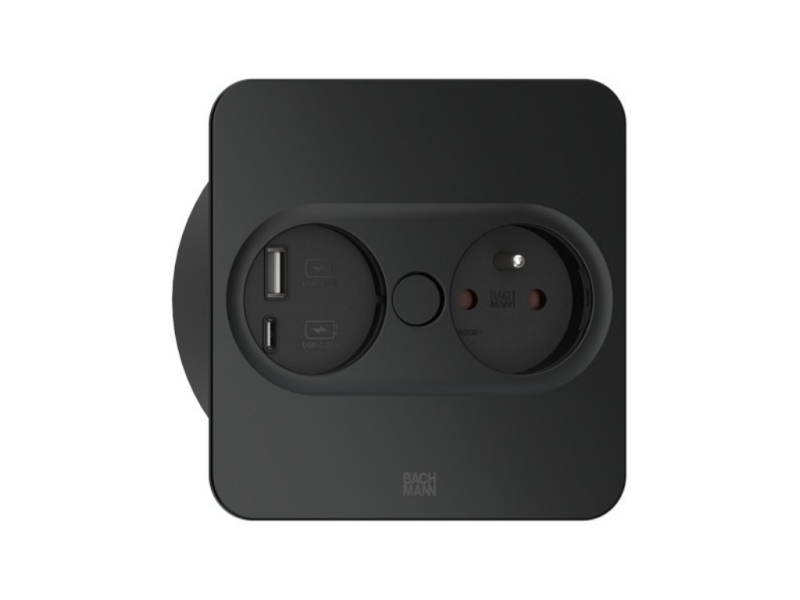 Otočná elektrická vstavaná zásuvka BACHMANN TWIST 2 hranatá / čierna matná / 1 zásuvka 230 V / 2 x USB / 115 x 115 mm / 946.107
