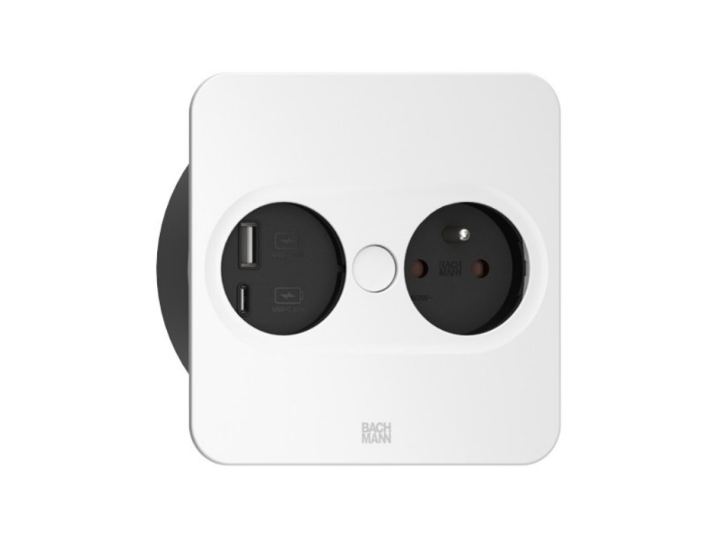 Otočná elektrická vstavaná zásuvka BACHMANN TWIST 2 hranatá / biela matná / 1 zásuvka 230 V / 2 x USB / 115 x 115 mm / 946.207