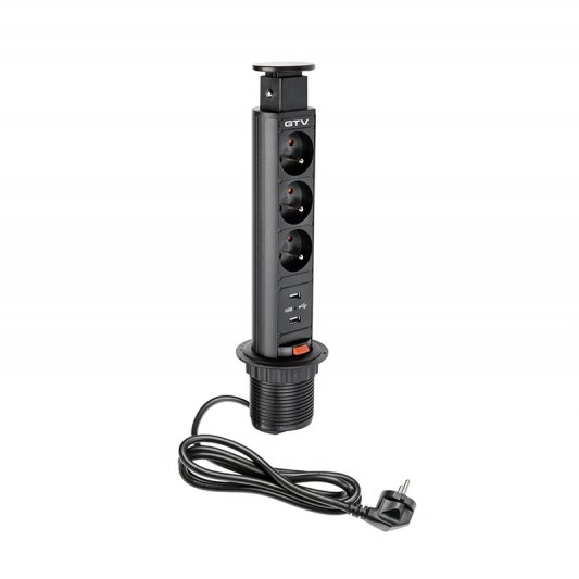Zásuvková veža výsuvná úzka GTV AE-BPW3U60 / 3x 230 V + 2x USB / čierna
